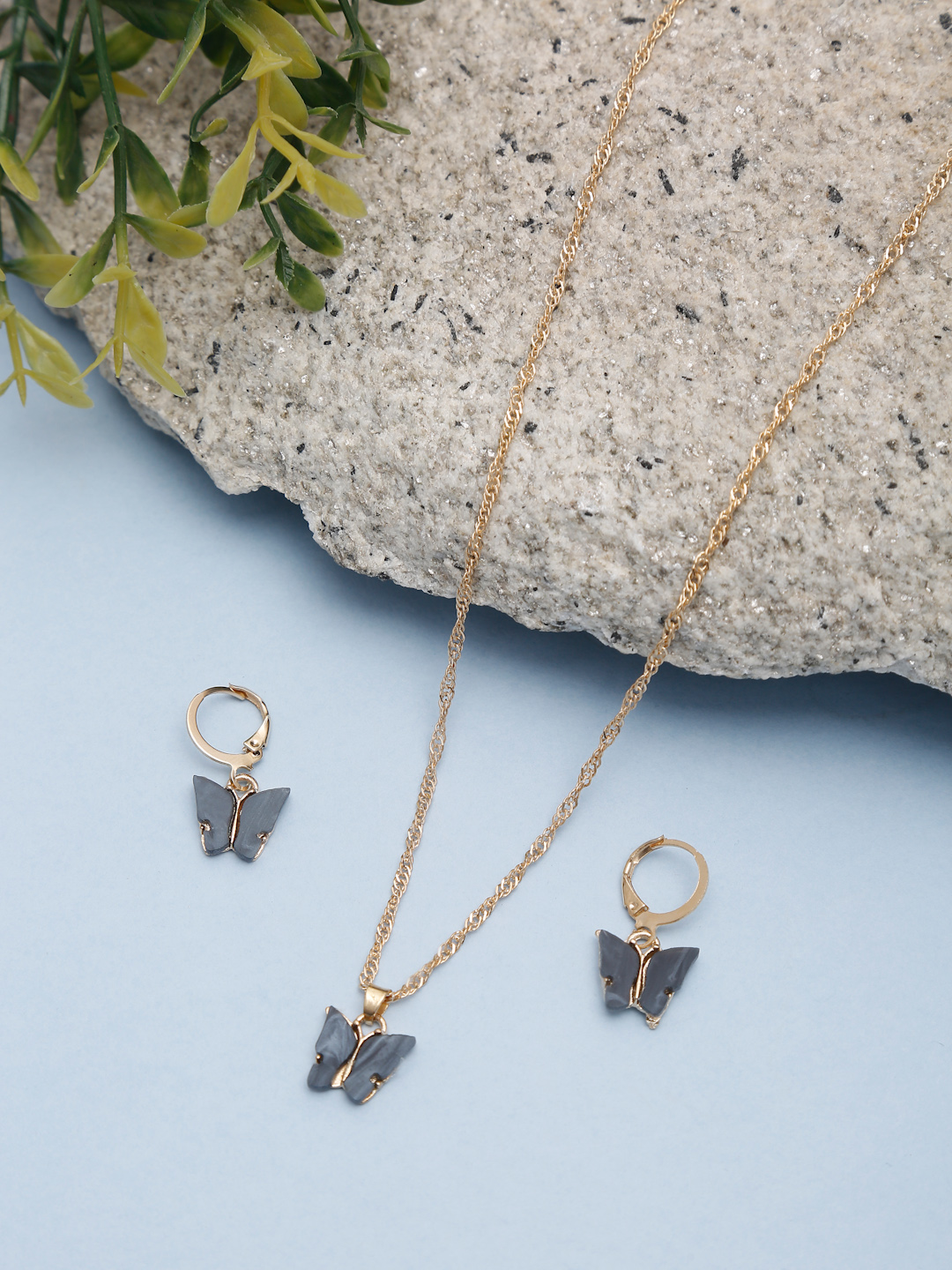 YouBella Grey-Toned & Gold-Plated Butterfly Shaped Necklace With Earrings